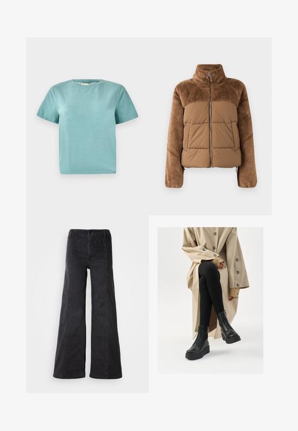 Casaco puffer castanho com uma parte superior suave e fofinha. Apresenta um colarinho alto, fecho éclair à frente e dois bolsos laterais.; T-shirt de manga curta, com decote redondo, em tecido de algodão azul claro. Apresenta um design simples e sem adornos, com bainhas cosidas.; Jeans de denim pretos de perna larga com cintura alta, apresentando bolsos frontais e um detalhe de costura minimalista. O tecido de algodão proporciona uma textura suave.; Botas de tornozelo de couro preto com detalhe de atacadores, sola de plataforma elevada e leggings pretas texturizadas, usadas com um trench coat bege claro.