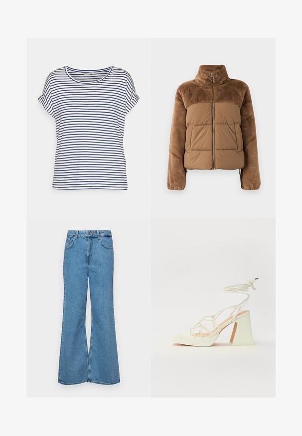 Hnedá puffová bunda s mäkkou, nadýchanou hornou časťou. Obsahuje vysoký golier, predný zips a dve bočné vrecká.; Prúhované tričko s krátkym rukávom v bielej a námorníckej modrej farbe, s okrúhlym výstrihom a voľným strihom, vyrobené z jemnej bavlnenej látky.; Svetlomodré rozšírené džínsy vyrobené z denimu, s vysokým pásom, piatimi vreckami a jednopoložkovým zapínaním na gombík. Mäkká textúra s vyblednutým povrchom.; Biele sandále na vysokom opätku s hrubým podpätkom, s pruhovaným dizajnom a viazaním na členku. Hladký povrch s platformou vpredu pre zvýšenú výšku.