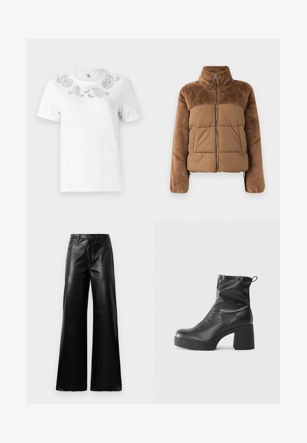 Ruda pūkinė striukė su minkšta, pūkuota viršutine dalimi. Turime aukštą apykaklę, priekiniį užtrauktuką ir dvi šonines kišenes.; Balta medvilninė marškinė su dekoratyviniu paisley raštu, pagamintu iš sidabrinių akmenukų, per krūtinę. Trumpomis rankovėmis ir apvalia iškirpte.; Juodos aukšto juosmens plačios kojų dirbtinės odos kelnės su priekiniais mygtukais, užtrauktuku, diržo kilpomis ir šoninėmis kišenėmis ant balto fono.; Juodos kulkšninių botai, pagaminti iš lygaus odos, su šoniniu užtrauktuku, masyviu tekstūruotu kulnu ir apvaliu pirštu.