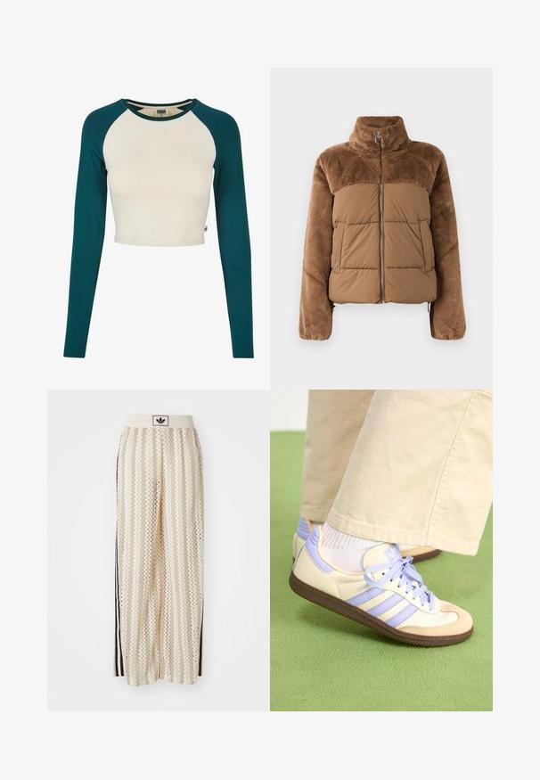 Pruun puffer-jakk, millel on pehme ja karvane ülemine osa. Omab kõrget krae, ees olevat tõmblukku ja kahte küljetaskut.; Kreemist kehast ja helesinistest varrukatest koosnev pikkade varrukatega lühikese kärbsega pluus. Valmistatud pehmest puuvillast, ümar kaelus ja minimaalsete õmbluste detailid.; Kreemivärvilised lai säärega püksid, millel on siksakmustrit, must logoga vööp ja külgmised mustad triibud. Kerge, tekstureeritud kangas.; Kreemi ja lavendlivärvi tenniset, millel on kolm triipu ja tekstuuriga pruun tall, varustatud paelte ja pehmendatud kontsaga. Pehme kangast ülemine osa.