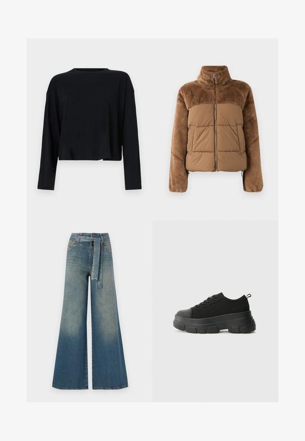 Brūna pūkaina jaka ar mīkstu, pūkainu augšējo daļu. Vēl ir augsts apkakle, priekšējais rāvējslēdzis un divas sānu kabatas.; Melns garām piedurknēm crops tops ar apaļu kakla izgriezumu. Izgatavots no mīkstas auduma, ar brīvu piegriezumu un noliktām plecu šuvēm. Nav redzamu rakstu vai akcentu.; Platām kājām džinsu bikses ar gaismas līdz tumši zilam gradientam, augstu jostas līniju, jostas cilpām un atbilstošu auduma jostu. Tekstūrēts džinsas apdare.; Melnas kedas ar masīvu gumijas zoli, teksturētu auduma augšdaļu, apaļu purngalu un saistīšanas dizainu. Iekļautas pastiprinātas acs atveres un aizmugurējais cilpiņas siksniņa.