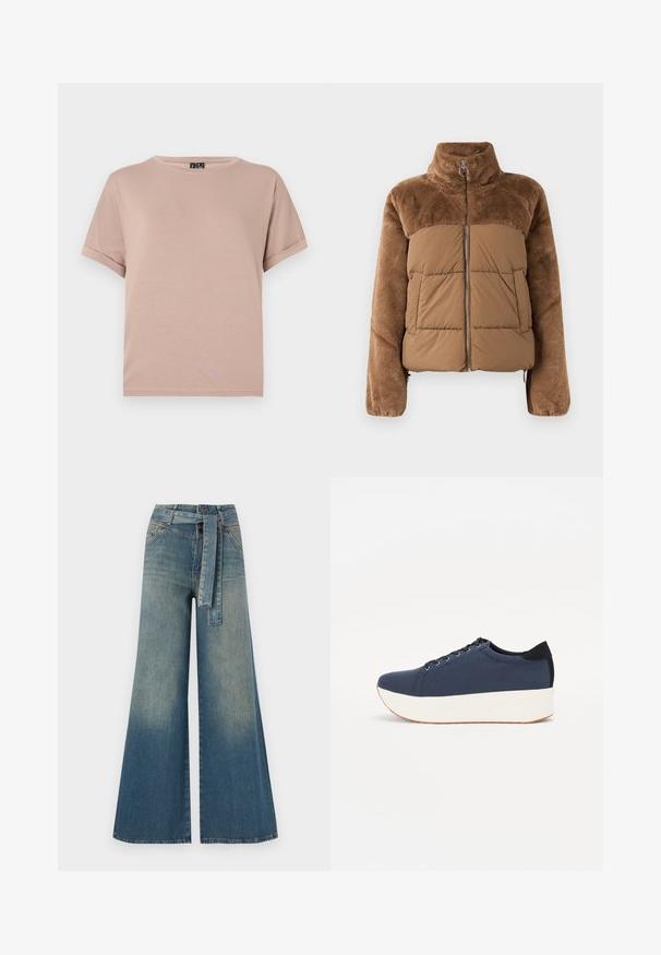 Brūna pūkaina jaka ar mīkstu, pūkainu augšējo daļu. Vēl ir augsts apkakle, priekšējais rāvējslēdzis un divas sānu kabatas.; Īsām piedurknēm, apaļas kakla formas T-krekls, kas izgatavots no mīksta, viegla auduma pasteļrozā krāsā. Ietver ruļļveida piedurknes un taisnu apakšmalu.; Platām kājām džinsu bikses ar gaismas līdz tumši zilam gradientam, augstu jostas līniju, jostas cilpām un atbilstošu auduma jostu. Tekstūrēts džinsas apdare.; Navy zilo apavi ar strukturētu auduma augšdaļu, baltu platformas zoli, noapaļotu pirkstu daļu un melnu papēža akcentu. Iekļautas sešas acs caurumi šnuķēšanai.