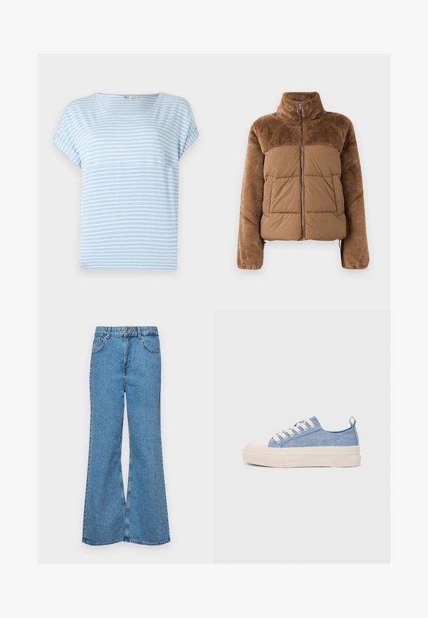 Pruun puffer-jakk, millel on pehme ja karvane ülemine osa. Omab kõrget krae, ees olevat tõmblukku ja kahte küljetaskut.; Heledad siniste T-särk valgete horisontaalsete triipudega, ümar kaelus ja mugav lõige. Pehme kangas minimaalse tekstuuriga.; Heledad sinine flared teksade rõivad, millel on kõrge talje, viis taskut ja üks nupulukk. Pehme tekstuur ja pleekinud viimistlus.; Heledad sinised kangast tennisekingad koorevärvi kummist varbakatte ja taldaga, millel on valged paelad ja tõmblukk kandadel.