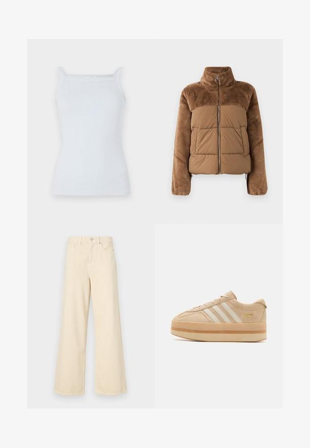 Jachetă puf din material maro, cu o secțiune superioară moale și pufoasă. Dispune de un guler înalt, fermoar frontal și două buzunare laterale.; Top cu bretele subțiri, de culoare bleu deschis, cu un guler drept. Confecționat dintr-un material moale, cu un croi ajustat și detalii minime.; Blugi bej cu croi larg, din bumbac. Au închidere cu nasture, bucle pentru curea și buzunare frontale, cu o textură netedă și moale.; Sneakers din suede bej cu platformă, cu trei dungi albe, vârf rotund și talpă din cauciuc bej, având un accent de logo auriu pe lateral.
