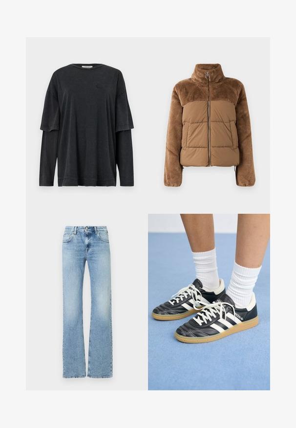 Brūna pūkaina jaka ar mīkstu, pūkainu augšējo daļu. Vēl ir augsts apkakle, priekšējais rāvējslēdzis un divas sānu kabatas.; Melna oversized T-kreklu ar īsām piedurknēm, kas pārklāta virs garām piedurknēm. Izgatavots no mīksta, teksturēta auduma ar vieglu logotipa detaļu.; Gaiši zili augstā vidukļa džinsi ar nelielu izbalēšanu, priekšējais pogas aizdare, rāvējslēdzēja aizdare un piecu kabatu dizains, taisnas kājas piegriezums.; Melnas ādas sporta apavus ar baltām svītrām, apaļu purngalu, baltām auklām un gumijas zoli. Izceļas ar mīksto apkakli un zīmola detaļām.