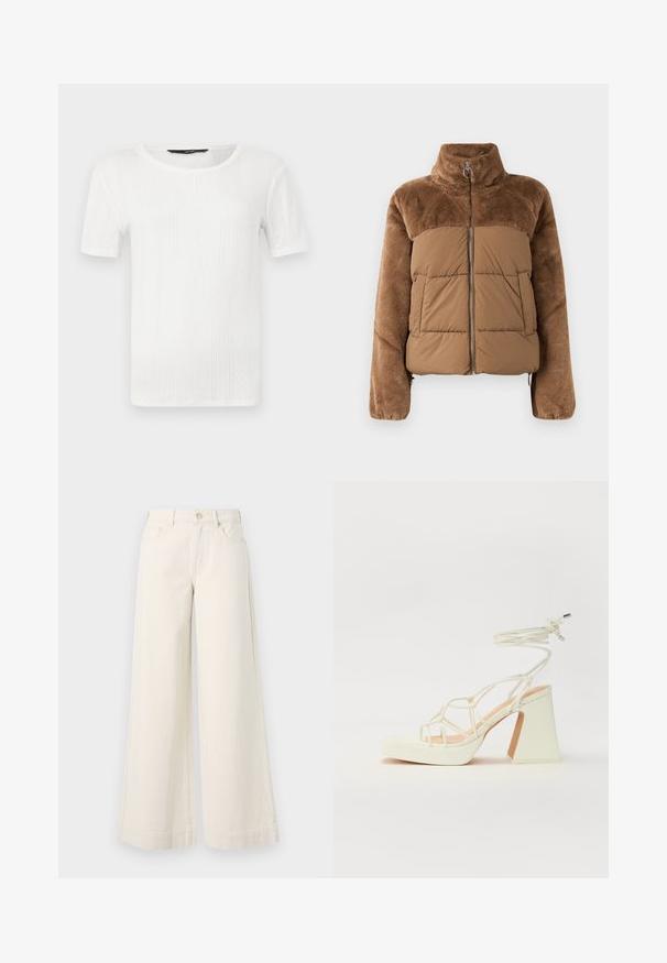 Hnedá puffová bunda s mäkkou, nadýchanou hornou časťou. Obsahuje vysoký golier, predný zips a dve bočné vrecká.; Biely krátky rukávový top z textúrovanej látky, s vertikálnym ryhovaním a okrúhlym výstrihom. Jednoduchý dizajn bez ozdôb.; Široké svetlé béžové džínsy s vysokým pásom, dvoma prednými vreckami, zapínaním na gombík a jemným prešívaním.; Biele sandále na vysokom opätku s hrubým podpätkom, s pruhovaným dizajnom a viazaním na členku. Hladký povrch s platformou vpredu pre zvýšenú výšku.