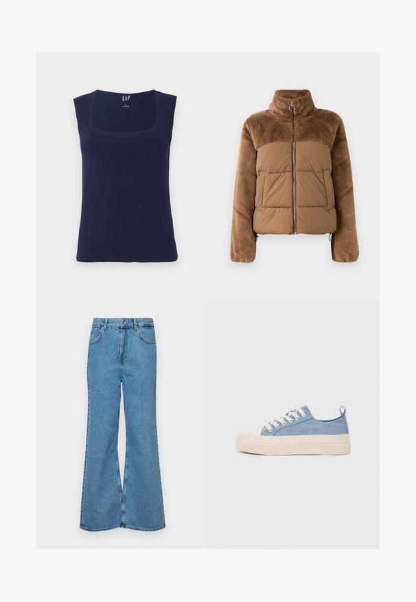 Chaqueta acolchada marrón con una sección superior suave y esponjosa. Tiene un cuello alto, cremallera frontal y dos bolsillos laterales.; Top sin mangas de color azul marino, hecho de algodón suave, con un escote cuadrado y una forma ajustada, con bordes limpios y acabados.; Jeans acampanados de color azul claro hechos de denim, con una cintura alta, cinco bolsillos y un cierre de botón. Textura suave con acabado desgastado.; Zapatillas de lona azul claro con una puntera y suela de goma crema, que cuentan con cordones blancos y una lengüeta en el talón.