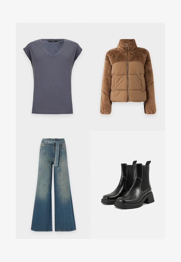 Hnedá puffová bunda s mäkkou, nadýchanou hornou časťou. Obsahuje vysoký golier, predný zips a dve bočné vrecká.; Šedé tričko s výstrihom do V a krátkymi rolovanými rukávmi. Vyrobené z mäkkej tkaniny s hladkou textúrou. Jednoduchý dizajn, bez vzorov alebo ozdôb.; Džínsy s širokými nohavicami, ktoré majú prechod od svetlomodrej po tmavomodrú, vysoký pás, pútka na opasok a opasok z rovnakého materiálu. Textúrovaný denimový povrch.; Čierne kožené Chelsea čižmy s robustným podpätkom, elastickými bočnými panelmi a kontrastným bielym prešívaním. Textúrovaný povrch.