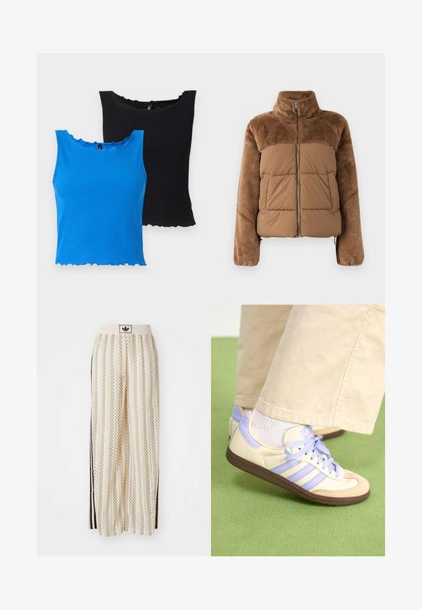 Smeđa pufasta jakna s mekanim, bujnim gornjim dijelom. Ima visoki ovratnik, prednji zip i dva bočna džepa.; Ribuirane majice bez rukava u plavoj i crnoj boji, sa valovitim izrezom i rubom. Mekani materijal, bez rukava i blago prilagođeni kroj.; Pantalone širokog kroja krem boje s zigzag uzorkom, koji sadrži sivi pojas s crnim logotipom i bočne crne pruge. Lagani, teksturirani materijal.; Kremasto-ljubičaste tenisice s tri pruge i strukturiranim smeškim potplatom, s vezicama i podstavljenim petom. Mekana gornja tkanina.