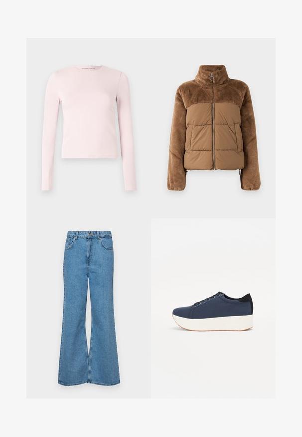 Chaqueta acolchada marrón con una sección superior suave y esponjosa. Tiene un cuello alto, cremallera frontal y dos bolsillos laterales.; Top ajustado de manga larga y cuello redondo en color rosa claro, con un dobladillo recto, presentado sobre un fondo blanco liso.; Jeans acampanados de color azul claro hechos de denim, con una cintura alta, cinco bolsillos y un cierre de botón. Textura suave con acabado desgastado.; Zapatilla de color azul marino con parte superior de tejido texturizado, suela de plataforma blanca, punta redondeada y acento en el talón negro. Cuenta con seis ojales para los cordones.