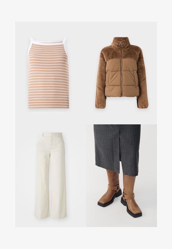 Giacca a vento marrone con una parte superiore morbida e soffice. Presenta un colletto alto, una cerniera frontale e due tasche laterali.; Canotta beige con sottili strisce orizzontali bianche, realizzata in tessuto a coste. Presenta spalline sottili e una finitura bianca lungo il collo.; Pantaloni a gamba larga di un colore beige chiaro, realizzati in un tessuto liscio. Presentano una vita classica e una parte anteriore piatta con linee pulite.; Stivali alti fino al ginocchio in pelle marrone con punta quadrata, suola in gomma nera e dettaglio con cinturino regolabile. Indossati con una gonna grigia a righe.
