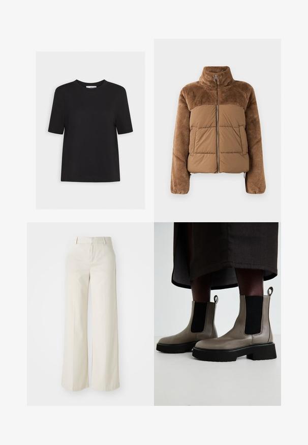 Brun puffjakke med en blød, fluffy øverste del. Har en høj krave, frontlynlås og to sidelommer.; Sort bomulds t-shirt med rund hals, korte ærmer og lige kant. Simpelt design uden synlige mønstre eller detaljer.; Bredde ben-bukser i en lys beige farve, lavet af et glat stof. Har en klassisk talje og flad front med rene linjer.; Grå ankelstøvler lavet af tekstureret læder med elastiske sidepaneler og en kraftig sort sål. Har trækremme til nem påklædning.