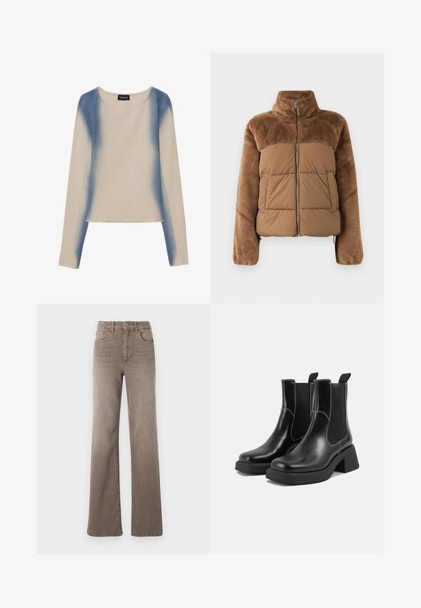 Bruine pufferjack met een zachte, donzige bovenkant. Beschikt over een hoge kraag, een ritssluiting aan de voorkant en twee zijzakken.; Langarmtop in lichtbeige, met een gradient blauw ontwerp. Glad textuur met een ronde halslijn en rechte zoom.; Bruine hoge taille straight-leg jeans met een knoop aan de voorkant, riemlussen en een klassieke vijf-pocket design op een witte achtergrond.; Zwarte leren Chelsea-boots met een chunky hak, elastische zijpanelen en contrasterende witte stiksels. Gestructureerde afwerking.