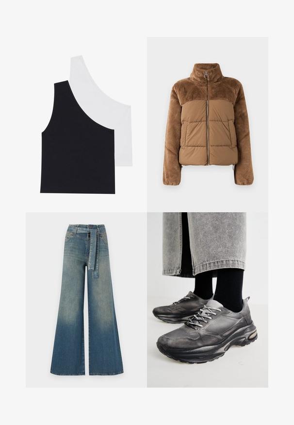 Rjava puffer jakna z mehkimi, puhastejšimi zgornjim delom. Ima visok ovratnik, sprednji zadrgo in dva stranska žepa.; Črne in bele rebraste majice brez rokavov z asimetričnim izrezom; mehak bombažni material; oprijet kroj; brez vidne strojne opreme ali vzorcev.; Široke jeans hlače z gradientom od svetlo do temno modre, visokim pasom, zankami za pas in pasom iz istega materiala. Tekstura denim končnica.; Črne in sive športne čevlje imajo mrežast zgornji del, debele podplate in vezalke. Imajo zaobljen nos in opazne podrobnosti oblazinjenja.