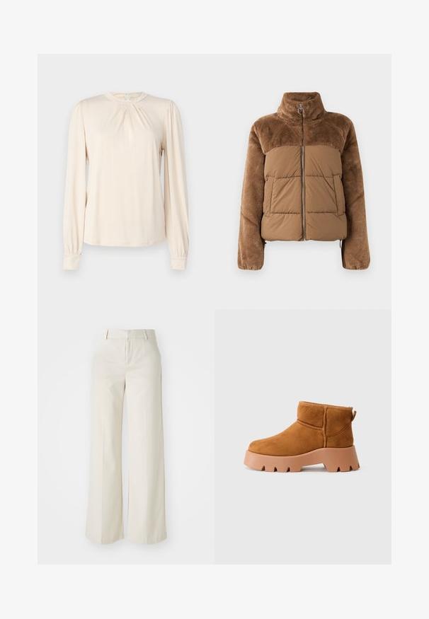 Brązowa kurtka puchowa z miękką, puszystą górną częścią. Posiada wysoki kołnierz, zamek błyskawiczny z przodu oraz dwie boczne kieszenie.; Jasno beżowa bluzka z długim rękawem, okrągłym dekoltem, plisami z przodu i marszczonymi rękawami. Miękka, gładka tkanina o minimalistycznym wzorze.; Spodnie o szerokich nogawkach w jasnobeżowym kolorze, wykonane z gładkiego materiału. Posiadają klasyczny pas i płaski przód z czystymi liniami.; Beżowe zamszowe botki za kostkę z okrągłym noskiem, teksturowaną brązową podeszwą i uchwytem do wkładania. Cechują się przeszytym szwem i masywną platformą.