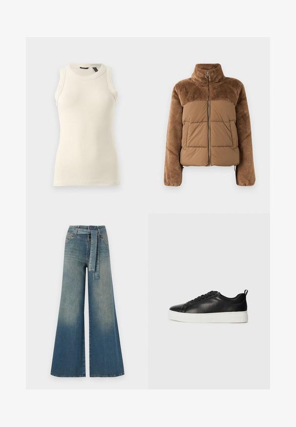 Brun pufferjakke med en myk, fluffy overdel. Har høyt krage, frontglidelås og to sidelommer.; Kremfarget, ermeløs topp laget av ribbestrikket stoff; har rund hals og figurnær silhuett med subtile teksturer.; Bredde ben jeans med en lyseblå til mørkeblå gradient, høyt liv, beltehemper og et matchende belte i samme stoff. Teksturert denimoverflate.; Svart lavt skinnsneaker med svarte lisser og tykk hvit gummisåle, sett fra utsiden på en hvit bakgrunn.