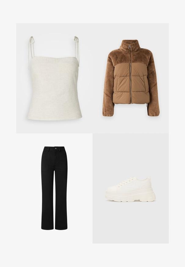 Hnedá puffová bunda s mäkkou, nadýchanou hornou časťou. Obsahuje vysoký golier, predný zips a dve bočné vrecká.; Biele ľanové tričko s nastaviteľnými viazaniami na ramienkach, rovnom výstrihom a priliehavým strihom zužujúcim sa smerom k lemom.; Čierne, vysoko pásové nohavice so strihom rovného nohu, vyrobené z hladkej bavlnenej tkaniny. Obsahujú predné vrecká a jednoduché kovové zapínanie.; Biele plátené tenisky s hrubou podrážkou, zaoblenou špičkou a piatimi očkami na šnúrky. Zadný popruh pre jednoduché obúvanie. Hladká textúra, minimalistický dizajn.