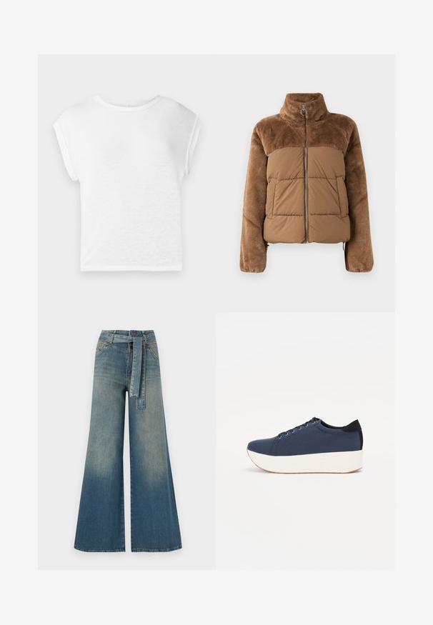 Bruine pufferjack met een zachte, donzige bovenkant. Beschikt over een hoge kraag, een ritssluiting aan de voorkant en twee zijzakken.; Witte t-shirt met korte mouwen en een ronde halslijn. Zachte, lichte stof, relaxte pasvorm, met kapmouwen en een rechte zoom.; Wijduitlopende denim broek met een lichte naar donkere blauwe gradient, hoge taille, riemlussen en een bijpassende stoffen riem. Gestructureerde denimafwerking.; Marineblauwe sneaker met een textuurstof bovenwerk, witte platformzool, ronde neus en zwart hakaccent. Voorzien van zes gaatjes voor veters.