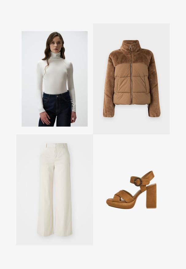 Bruine pufferjack met een zachte, donzige bovenkant. Beschikt over een hoge kraag, een ritssluiting aan de voorkant en twee zijzakken.; Witte geribbelde turtleneck top met lange mouwen, gedragen met hoge taille donkere denim jeans met een knoopsluiting en oranje stikseldetails.; Brede broek in een lichte beige kleur, gemaakt van een gladde stof. Kenmerkt zich door een klassieke tailleband en een vlakke voorkant met strakke lijnen.; Bruine suede hak sandalen met een platformzool, brede kruisschorsbanden en een ronde metalen gespdetails op de enkelband.