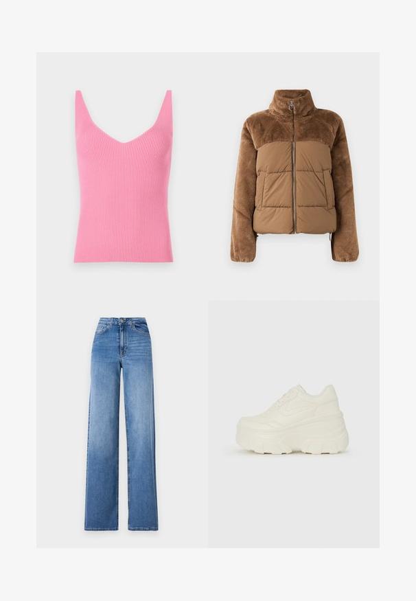Brown puffer jacket with a soft, fluffy upper section. Features a high collar, front zipper, and two side pockets.; Fitted pink ribbed tank top with a deep V-neck, thick shoulder straps, and a smooth texture. Suitable for layering or standalone wear.; Light blue wide-leg jeans made of denim, featuring a high waist, front pockets, and a standard button closure. Smooth texture.; White platform sneakers featuring a smooth leather-like upper, rounded shape, padded collar, and textured rubber sole with defined treads.