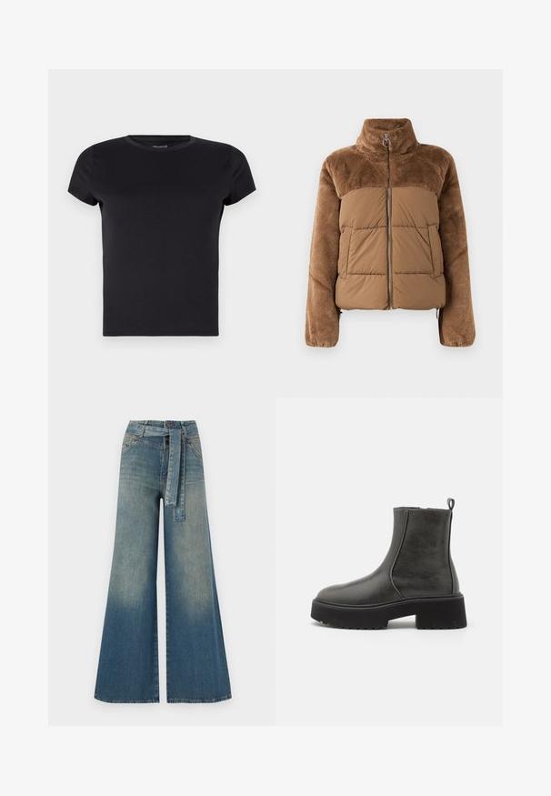 Brūna pūkaina jaka ar mīkstu, pūkainu augšējo daļu. Vēl ir augsts apkakle, priekšējais rāvējslēdzis un divas sānu kabatas.; Melns īsām piedurknēm krekls, kas izgatavots no gludas auduma. Tam ir apaļa izgriezne un standarta piegriezums, bez redzamām rakstām vai rotājumiem.; Platām kājām džinsu bikses ar gaismas līdz tumši zilam gradientam, augstu jostas līniju, jostas cilpām un atbilstošu auduma jostu. Tekstūrēts džinsas apdare.; Melnas potītes zābaki ar gludu sintētisku virsu, elastīgiem sānu paneļiem, cilpu un masīvu gumijas zoli.