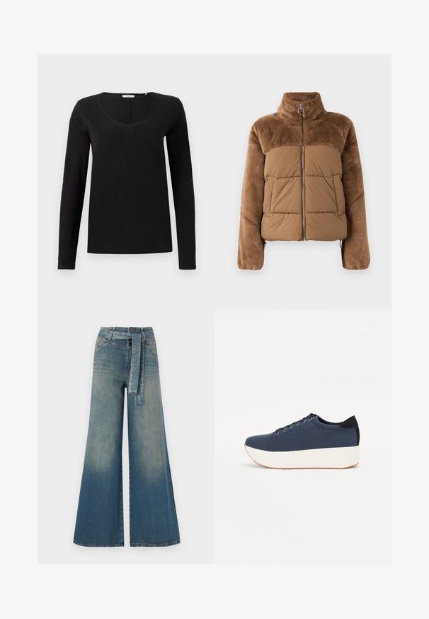 Braune Pufferjacke mit einem weichen, flauschigen oberen Bereich. Sie verfügt über einen hohen Kragen, einen Frontreißverschluss und zwei seitliche Taschen.; Schwarzes Longsleeve-T-Shirt mit V-Ausschnitt, aus weichem Stoff mit glatter Textur. Schlichte, klassische Passform ohne Verzierungen.; Weit geschnittene Denim-Hosen mit einem Farbverlauf von hellblau zu dunkelblau, hoher Taille, Gürtelschlaufen und einem passenden Stoffgürtel. Strukturierte Denim-Oberfläche.; Dunkelblaue Sneaker mit einem strukturierten Obermaterial, weißer Plattformsohle, runder Zehenpartie und schwarzem Fersenakzent. Verfügt über sechs Ösen für die Schnürsenkel.