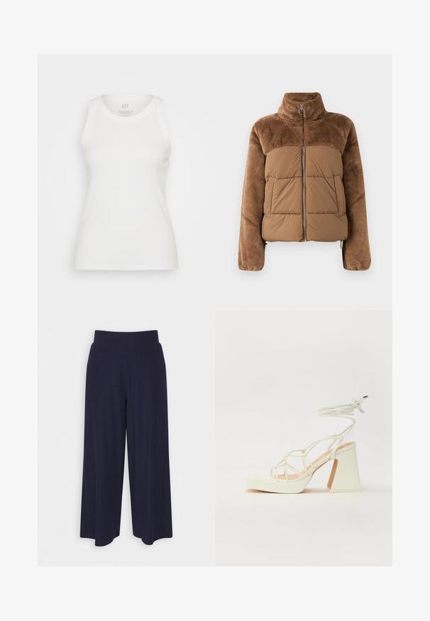 Pruun puffer-jakk, millel on pehme ja karvane ülemine osa. Omab kõrget krae, ees olevat tõmblukku ja kahte küljetaskut.; GAP HIGH NECK TANK - Topp - white; Tumed põlvpüksid tumedast meresinisest kangast, millel on sooneline tekstuur. Omab sujuvat vööd ja voolavat siluetti, ulatudes pooleni säärest.; Valged kõrge kontsaga sandaalid, millel on paks konts ja rihmadega disain koos pahkluu sidumisega. Sile tekstuur ja platvorm ees, et lisada kõrgust.