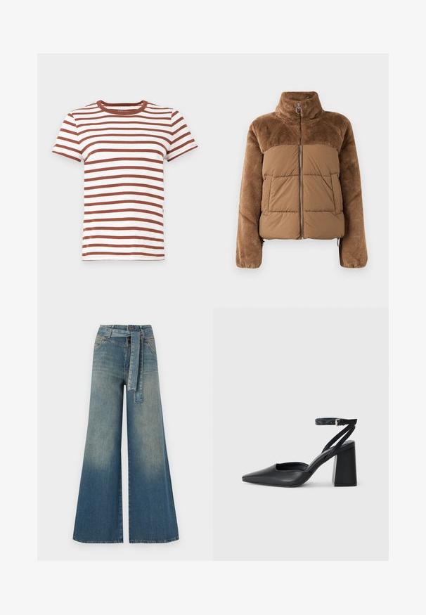 Barna puffernadrág, puha, bolyhos felső résszel. Magas gallérral, elülső cipzárral és két oldalzsebbel rendelkezik.; Barna és fehér csíkos póló, kerek nyakkivágással, rövid ujjal és enyhén testhezálló szabással. Puha pamutanyagból készült.; Bőszárú farmernadrág, világos és sötétkék árnyalatokkal, magas derekú, övgyűrűkkel és a nadrággal megegyező anyagú övvel. Textúrált farmer kivitel.; Fekete bőr, hegyes orrú magassarkú cipő boka pánttal és vastag sarokkal. Sima textúra, elegáns dizájn és minimális esztétika.