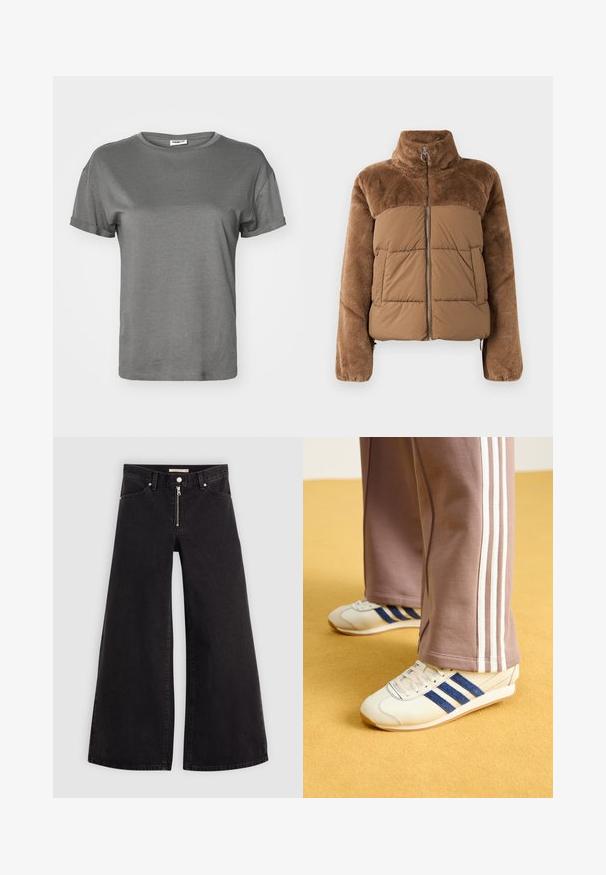 Jachetă puf din material maro, cu o secțiune superioară moale și pufoasă. Dispune de un guler înalt, fermoar frontal și două buzunare laterale.; Tricou gri cu mânecă scurtă, fabricat din bumbac moale. Are un guler rotund, mâneci răsucite și o croială lejeră, cu o textură netedă și uniformă.; Jeans cu picioare largi din denim negru, cu fermoar în față, design cu cinci buzunare și detalii subtile de cusătură. Textură netedă și stil casual.; Sneakers crem cu dungi din suede bleu, șireturi albe și talpă din cauciuc. Asortați cu pantaloni de trening gri cu dungi albe pe laterale.