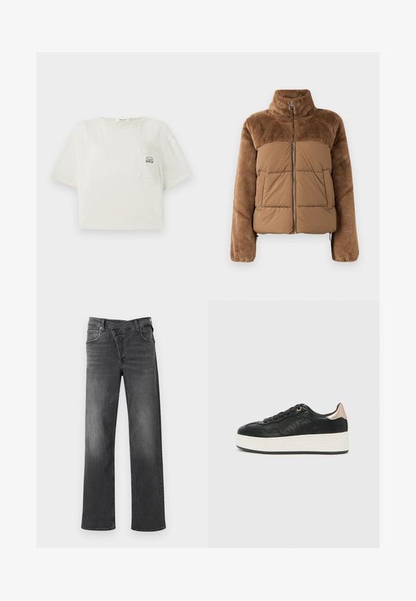 Pruun puffer-jakk, millel on pehme ja karvane ülemine osa. Omab kõrget krae, ees olevat tõmblukku ja kahte küljetaskut.; Lühikesed varrukad, lühikeseks lõigatud T-särk heledast puuvillast. Ees on tasku, millel on trükitud logo, ning ümmargune kaelus. Sile tekstuur.; Tumedashallased teksad sirge jala lõikega, viie taskuga disain ja peen fading. Tugevdatud õmblused ja metallist detailid.; Replay CAMDEN CITY - Tossud - black