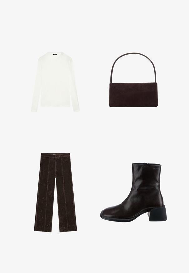 Hnědá prošívaná bunda s zaobleným lemem, dlouhými rukávy a tmavým límcem. Texturovaný povrch s celoplošnými diamantovými vzory.; Béžový pletený cardigan s límečkem, vybavený černými zapínáními na knoflíky a ribbovanými manžetami a spodním lemem. Měkká textura, zkrácený střih.; Bílé tričko s dlouhým rukávem z měkké bavlny. Má kulatý výstřih, rovný lem a bezšvové ramena pro hladký, elegantní vzhled.; Kalhoty s širokými nohavicemi v tmavě hnědé barvě, s texturou podobnou semiši, vertikálními švy a elastickým pasem pro pohodlí.; Vagabond ANSIE - Kotníkové boty - braun; Obdélníková tmavě hnědá semišová taška se štíhlým jedním uchem, minimalistický design a žádné viditelné ozdoby.