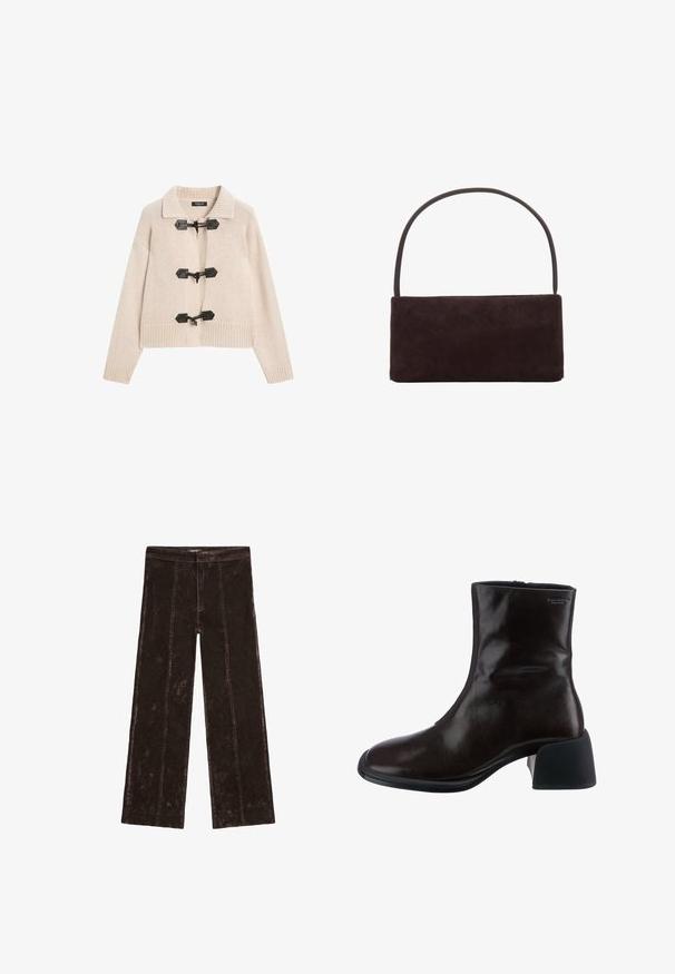 Bruine gevoerde jas met een ronde zoom, lange mouwen en een donkere kraag. Geverfde textuur met diamanten patronen over het gehele oppervlak.; Beige gebreide cardigan met een col, voorzien van zwarte toggles en ribbelmanchetten en -zoom. Zachte textuur, cropped ontwerp.; Witte langet-shirt met lange mouwen van zachte katoen. Heeft een ronde hals, rechte zoom en naadloze schouders voor een gladde, gestroomlijnde uitstraling.; Wijdlopende broek in donkerbruin, met een suède-achtige textuur, verticale stiksels en een elastische tailleband voor comfort.; Vagabond ANSIE - Korte laarzen - braun; Rechthoekige donkerbruine suède handtas met een slanke enkele handgreep, minimalistisch ontwerp en geen zichtbare versieringen.