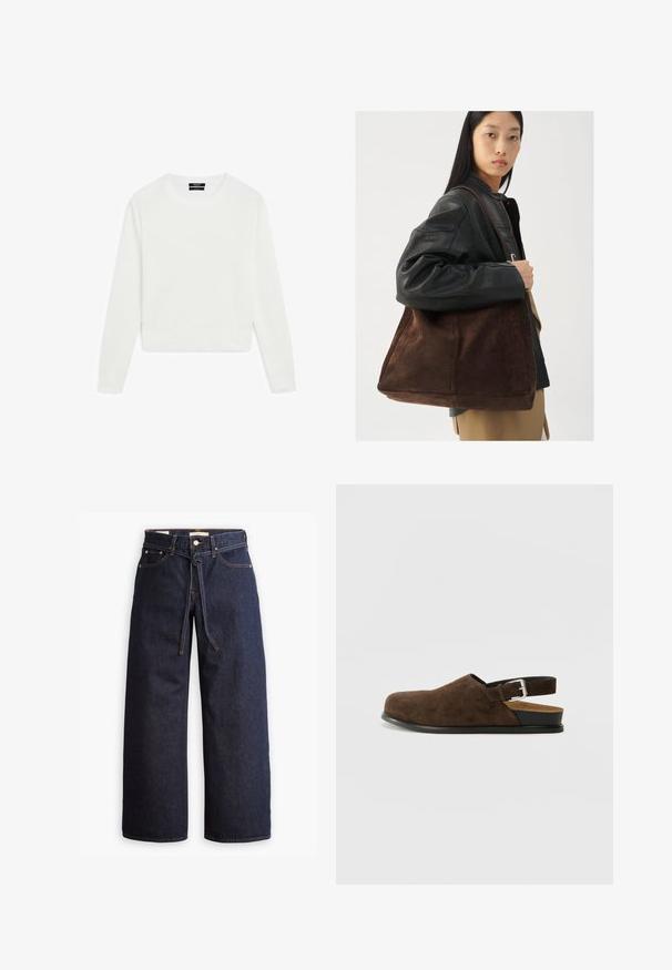 Brown quilted jacket featuring a rounded hem, long sleeves, and a dark collar. Textured surface with diamond-shaped patterns throughout.; White long-sleeve sweater, cropped design, soft texture, round neck, ribbed cuffs and hem, minimalistic style with no visible patterns or hardware.; Wide-leg dark blue denim jeans with a high waist, featuring a drawstring tie, five pockets, and contrasting stitching details.; Brown suede slip-on shoe with a low heel, an adjustable strap with a silver buckle, and a black rubber sole.; Brown suede tote bag with a wide shape and soft texture, featuring a single strap and minimal hardware against a neutral backdrop.