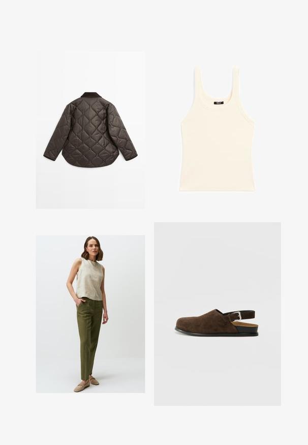 Brown quilted jacket featuring a rounded hem, long sleeves, and a dark collar. Textured surface with diamond-shaped patterns throughout.; Light beige tank top made of ribbed fabric, featuring a round neckline and thick straps, with a fitted shape and minimal detailing.; Beige linen sleeveless top with a round neckline, paired with green straight-leg trousers. The model wears light beige slip-on shoes.; Brown suede slip-on shoe with a low heel, an adjustable strap with a silver buckle, and a black rubber sole.