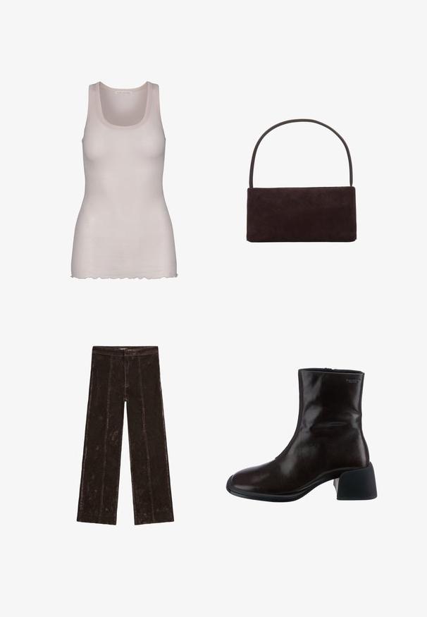 Braune gesteppte Jacke mit abgerundetem Saum, langen Ärmeln und einem dunklen Kragen. Texturierte Oberfläche mit rautenförmigen Mustern.; Helles rosa Tanktop aus glattem Stoff. Es verfügt über einen Rundhalsausschnitt, breite Träger und einen leicht gewellten Saum.; Bequeme weit geschnittene Hosen in Dunkelbraun, mit einer samtartigen Textur, vertikalen Nähdetails und einem elastischen Taillenbund.; Vagabond ANSIE - Stiefelette - braun; Rechteckige Handtasche aus dunkelbraunem Wildleder mit einem schmalen Einzelhenkel, minimalistischem Design und ohne sichtbare Verzierungen.
