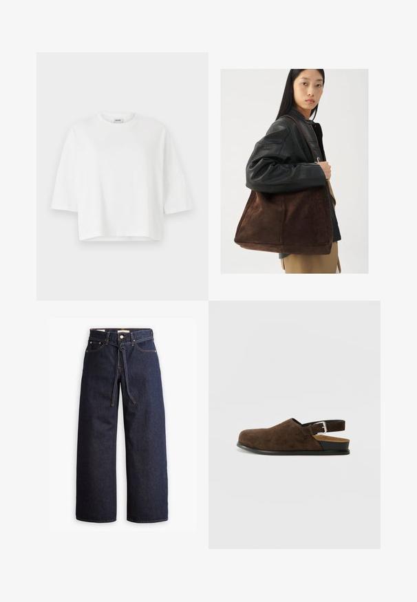 Bruine gevoerde jas met een ronde zoom, lange mouwen en een donkere kraag. Geverfde textuur met diamanten patronen over het gehele oppervlak.; Witte cropped t-shirt met een ronde halslijn en korte mouwen, gemaakt van zachte katoenen stof. Eenvoudig ontwerp, zonder patronen of versieringen.; Wijd pijpjes donkerblauwe denim jeans met een hoge taille, voorzien van een trekkoord, vijf zakken en contrasterende stiksels.; Bruin suède instapper met een lage hak, een verstelbare band met een zilveren gesp en een zwarte rubberen zool.; Bruine suède tote bag met een brede vorm en zachte textuur, voorzien van een enkele schouderband en minimale hardware tegen een neutrale achtergrond.