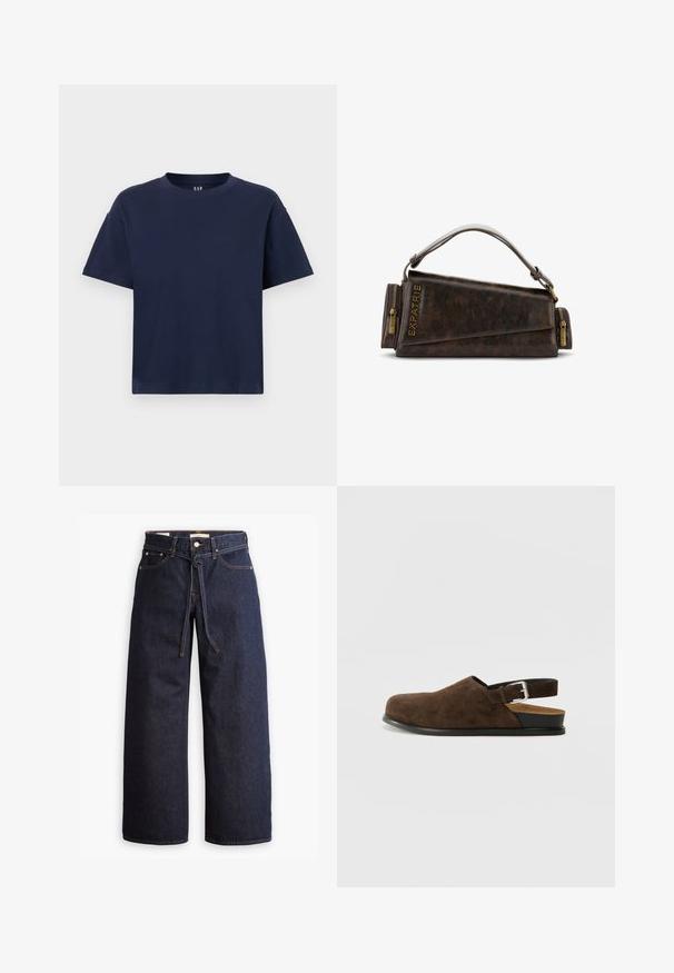 Veste matelassée marron avec un ourlet arrondi, des manches longues et un col foncé. Surface texturée avec des motifs en forme de diamant.; T-shirt en coton bleu marine avec un col rond et des manches courtes, offrant une coupe décontractée et un design minimaliste. Aucune motif ni accent.; Jeans en denim bleu foncé à jambes larges, avec une taille haute, dotés d'un lien à cordon, de cinq poches et de détails de couture contrastants.; Chaussure en suédine marron à enfiler avec un petit talon, une sangle ajustable avec une boucle en argent et une semelle en caoutchouc noire.; Sac à main en cuir marron avec un design géométrique, doté d'une poignée supérieure et de détails en laiton sur la fermeture éclair. Logo embossé sur le côté.
