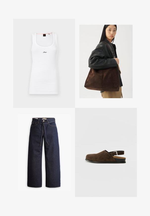 Brązowa pikowana kurtka z okrągłym dołem, długimi rękawami i ciemnym kołnierzem. Teksturowana powierzchnia z rombowymi wzorami na całej powierzchni.; Biały bawełniany top bez rękawów z prążkowaną fakturą, z zaokrąglonym dekoltem i małym, czarnym haftowanym logo z przodu.; Spodnie dżinsowe w kolorze ciemnoniebieskim o szerokich nogawkach i wysokim stanie, z wiązaniem na sznurki, pięcioma kieszeniami oraz kontrastowymi detalami w staszcu.; Brązowy zamszowy but wsuwany z niskim obcasem, regulowanym paskiem z srebrną klamrą i czarną gumową podeszwą.; Brązowa zamszowa torba typu tote o szerokim kształcie i miękkiej teksturze, z pojedynczym uchwytem i minimalnym wykończeniem na neutralnym tle.
