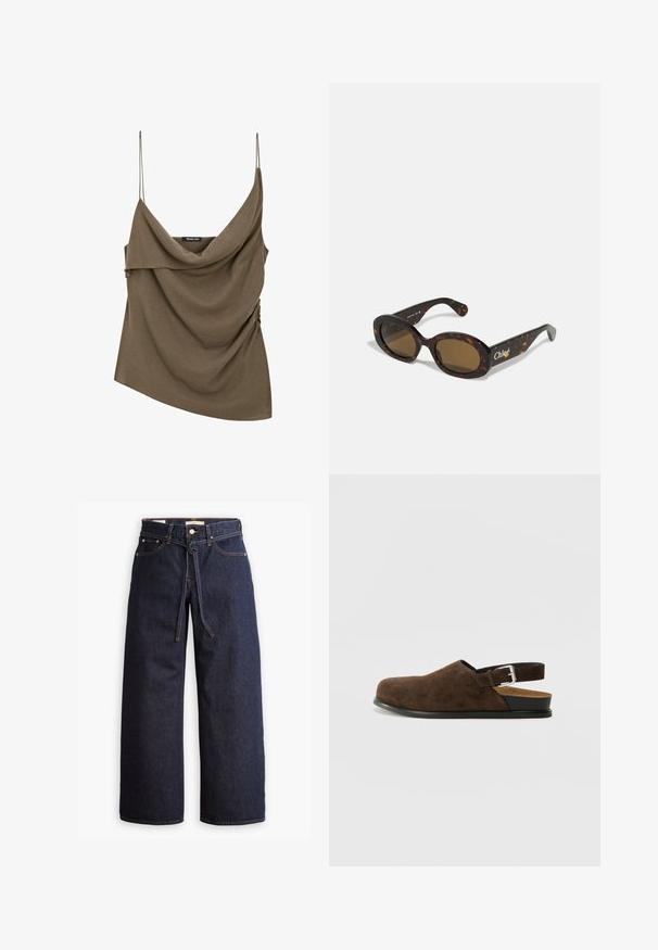 Brown quilted jacket featuring a rounded hem, long sleeves, and a dark collar. Textured surface with diamond-shaped patterns throughout.; Olive green, draped sleeveless top with thin spaghetti straps and gathered side detail, made from a soft fabric. Measures asymmetrically.; Wide-leg dark blue denim jeans with a high waist, featuring a drawstring tie, five pockets, and contrasting stitching details.; Brown suede slip-on shoe with a low heel, an adjustable strap with a silver buckle, and a black rubber sole.; Tortoiseshell sunglasses with oval frames, brown tinted lenses, and "Chloé" branding on the arm. Smooth plastic material with glossy finish.