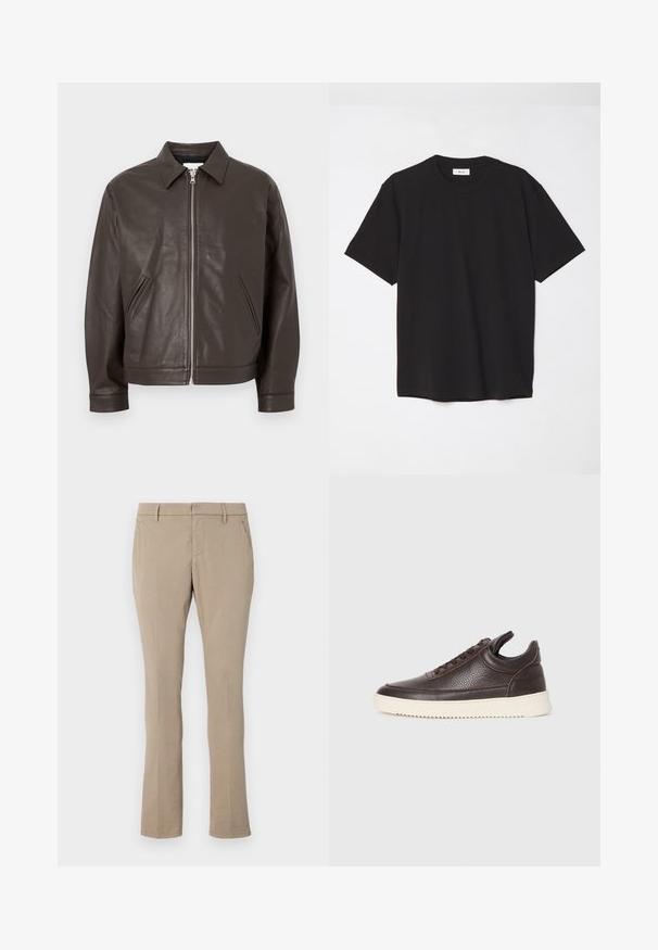 Bruine leren jas met een drukknopkraag, vooraan met ritssluiting en twee zijzakken. Glad textuur met een aangesloten silhouet.; Zwarte katoenen t-shirt met een ronde hals, korte mouwen en een ontspannen pasvorm. Eenvoudig ontwerp, gladde textuur en geen zichtbare patronen of logo's.; Beige broek van katoenmix, met een slim fit, recht model, voorzakken en een rits met knoopsluiting.; Donkerbruin gestructureerd leren sneaker met vetersluiting en een witte gegroefde rubberen zool tegen een effen lichte achtergrond.