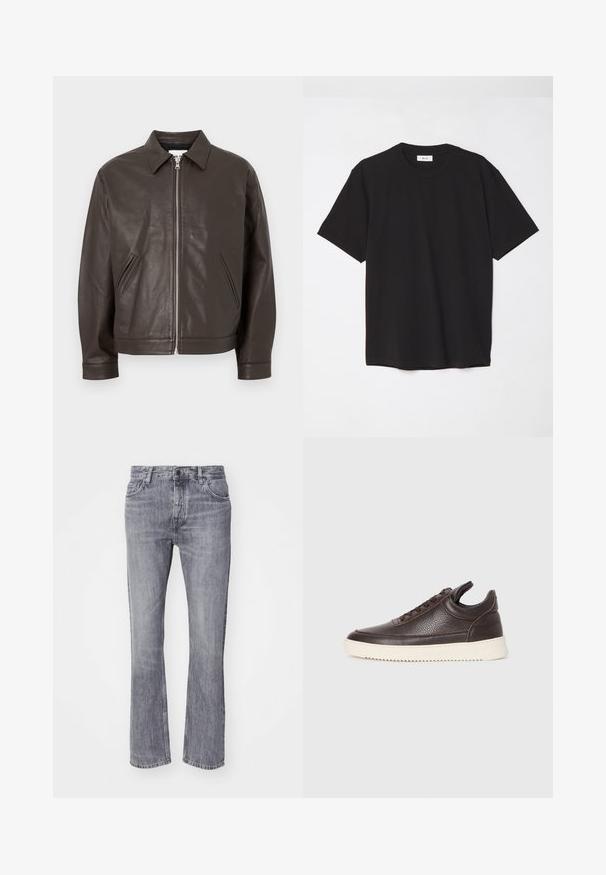 Brūna ādas jaka ar pogu apkakli, priekšējo rāvējslēdzēju un divām sānu kabatām. Gluda tekstūra ar pieguļošu siluetu.; Melna kokvilnas T-krekls ar apaļu kakla izgriezumu, īsām piedurknēm un brīvu piegulšanu. Vienkāršs dizains, gluda tekstūra un bez redzamām rakstiem vai logotipiem.; Pelēki džinsi ar izplestām kājām un izbalējušu apdari, pieci kabatas, priekšējā pogas aizdare un jostas cilpas. Klasisks taisno kāju dizains.; Tumši brūnas tekstūrētas ādas sporta kurpes ar saistēm priekšā un baltu rievotu gumijas zoli uz vienkārša gaiša fona.