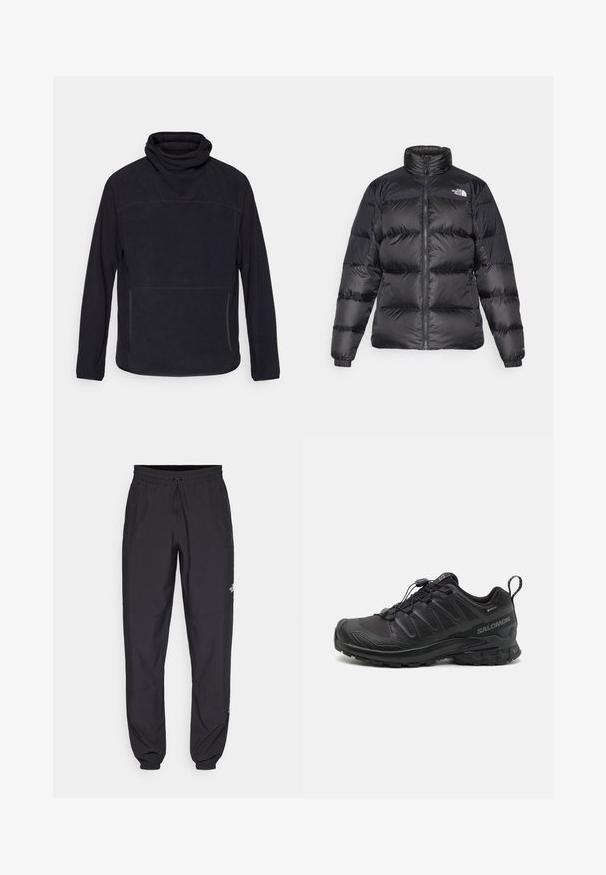 Schwarze Pufferjacke mit hohem Kragen, Frontreißverschluss und horizontal gestepptem Muster. Verfügt über elastische Bündchen und ein Markenlogo auf der linken Schulter.; Schwarzer Pullover mit hohem Kragen, langen Ärmeln und Frontreißverschlusstaschen. Aus weich strukturiertem Stoff mit subtilen Nähten.; Schwarze Sporthosen aus leichtem Stoff, mit einem Kordelzugbund, seitlichen Taschen und schmal zulaufenden Bündchen an den Knöcheln.; Schwarzer Sportschuh mit einer strukturierten, synthetischen Oberseite, gepolsterten Sohle und einem schnellen Schnürsystem. Verfügt über eine verstärkte Zehen- und Fersenkappe.