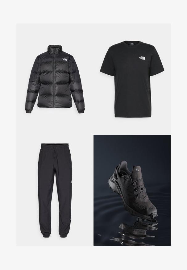 Čierna prešívaná bunda s vysokým golierom, predným zipsom a horizontálne prešívanou textúrou. Má elastické manžety a logo značky na ľavom pleci.; Čierne bavlnené tričko s krátkymi rukávmi, klasickým výstrihom a malým bielym logom na ľavej hrudi. Jednoduchý dizajn, hladká textúra a voľný strih.; Čierne športové nohavice vyrobené z ľahkej tkaniny, s elastickým pásom na šnurovanie, bočnými vreckami a zúženými manžetami na členkoch.; Čierna trailová bežecká obuv s textúrovaným zvrškom, systémom šnurovania a gumovou podrážkou. Obsahuje vodoodolný materiál a červené akcenty.