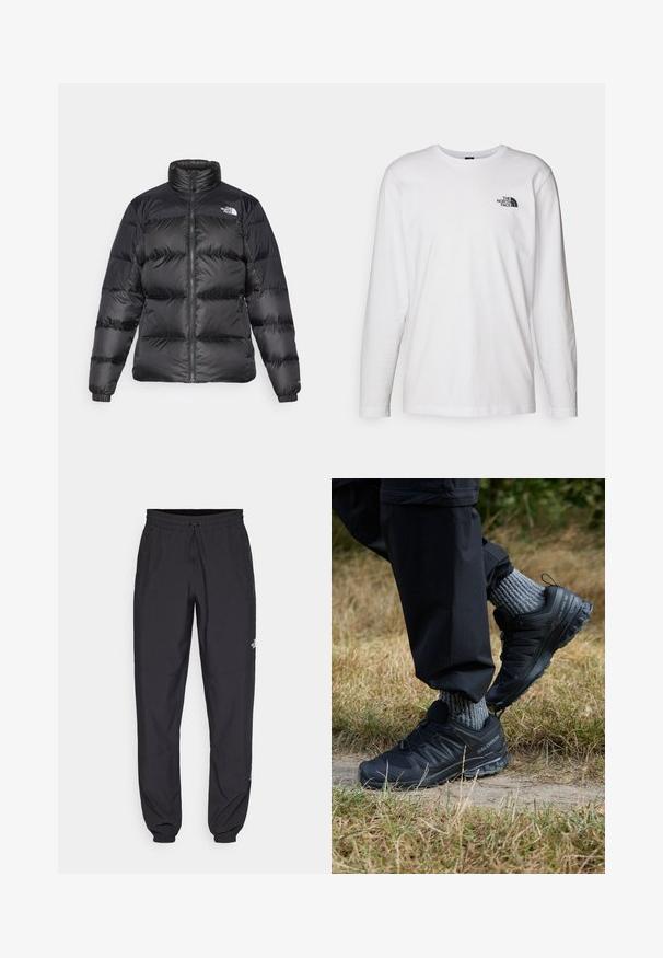 Czarna kurtka puchowa z wysokim kołnierzem, zamkiem błyskawicznym z przodu i poziomym pikowaniem. Posiada elastyczne mankiety oraz logo marki na lewym ramieniu.; Biała koszulka z długim rękawem wykonana z bawełny, z okrągłym dekoltem. Posiada małe czarne logo na piersi. Gładka faktura, regularny krój.; Czarne spodenki sportowe wykonane z lekkiego materiału, z elastycznym pasem na sznurek, bocznymi kieszeniami i zwężanymi mankietami przy kostkach.; Czarne sportowe buty z teksturowaną siateczką, gumową podeszwą i wyraźnym systemem sznurowania. Połączone z szarymi skarpetami z dzianiny i czarnymi spodniami.