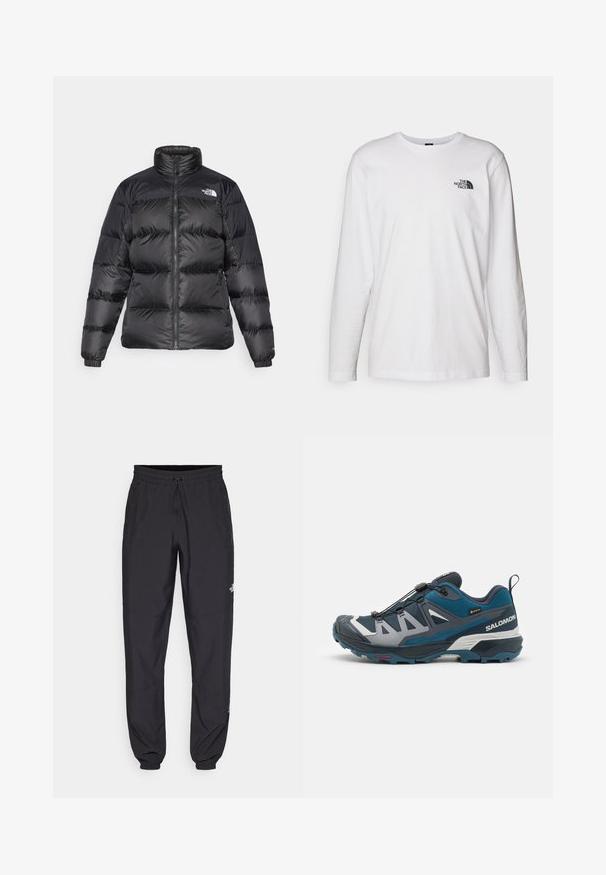 Musta puhalluspusero korkealla kauluksella, etuvetoketjulla ja vaakakudonnalla. Varustettu elastisilla hihoilla ja brändin logolla vasemmassa olkapäässä.; Valkoinen pitkähihaisen T-paita, joka on valmistettu puuvillasta ja jossa on pyöreä kaula-aukko. Rintamuksessa on pieni musta logo. Sileä kangas, normaali malli.; Mustat urheiluhousut, jotka on valmistettu kevyestä kankaasta. Housuissa on naru vyötäröllä, sivutaskut ja kapenevat hihnat nilkoissa.; Polkujuoksukengät tummansinisessä ja turkoosissa värimaailmassa, verkko yläosa, harmaat yksityiskohdat, turvallinen nauhakiinnitys ja kestävä pohja.