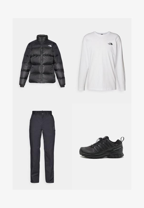 Czarna kurtka puchowa z wysokim kołnierzem, zamkiem błyskawicznym z przodu i poziomym pikowaniem. Posiada elastyczne mankiety oraz logo marki na lewym ramieniu.; Biała koszulka z długim rękawem wykonana z bawełny, z okrągłym dekoltem. Posiada małe czarne logo na piersi. Gładka faktura, regularny krój.; Czarne spodnie wykonane z trwałego materiału, cechujące się prostym krojem, kieszeniami z przodu i zapięciem na guzik. Dyskretne logo z boku.; Czarny but sportowy z teksturowanym syntetycznym wierzchem, amortyzowaną podeszwą i systemem szybkiego sznurowania. Posiada wzmocniony nos i piętę.
