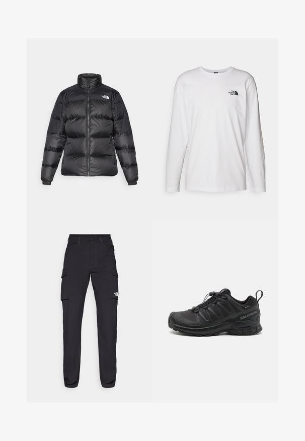 Svart pufferjacka med hög krage, frontdragkedja och horisontellt quiltad textur. Har elastiska ärmmuddar och logotyp på vänstra axeln.; Vit långärmad T-shirt i bomull med rund halsringning. Har en liten svart logotyp på bröstet. Slät textur, normal passform.; Svarta cargobyxor med raka ben, tillverkade av slitstarkt tyg. Har flera fickor och en logotyp på vänster lår.; Svart sportskor med en strukturerad syntetöverdel, dämpad sula och ett snabbsnörningssystem. Har förstärkt tå och hälen.