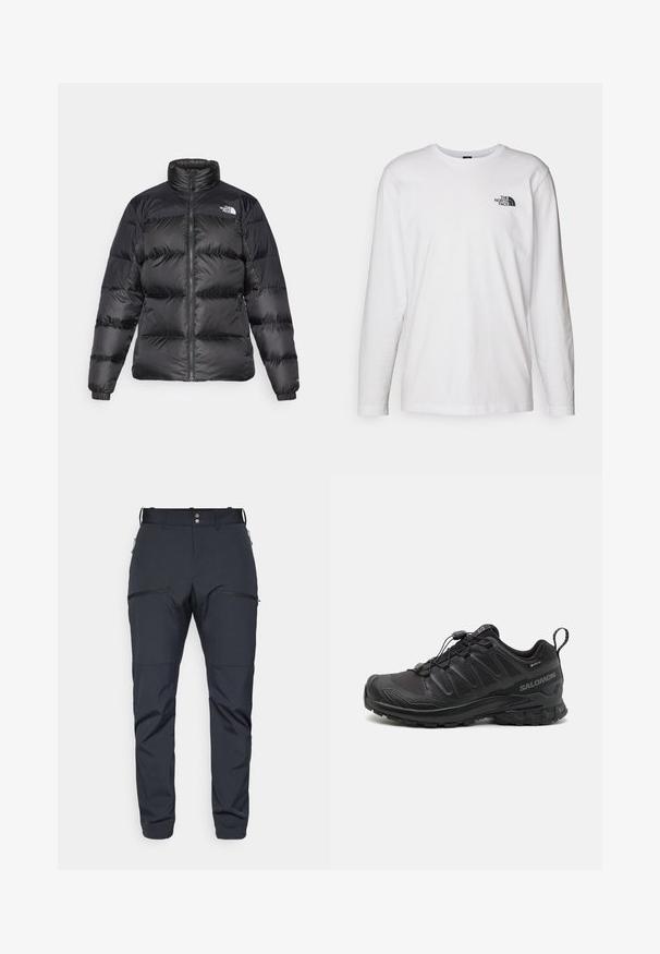 Černá bundy s kapucí, bočním zipem a horizontálním prošíváním. Obsahuje elastické manžety a logo značky na levém rameni.; Bílý dlouhý rukáv tričko vyrobené z bavlny s kulatým výstřihem. Na hrudi se nachází malé černé logo. Hladká textura, běžný střih.; Houdini MORE PANTS - Outdoorové kalhoty - true black; Černá sportovní bota s texturovaným syntetickým svrškem, polstrovanou podrážkou a rychlouzavíracím systémem. Obsahuje zesílenou špičku a patu.