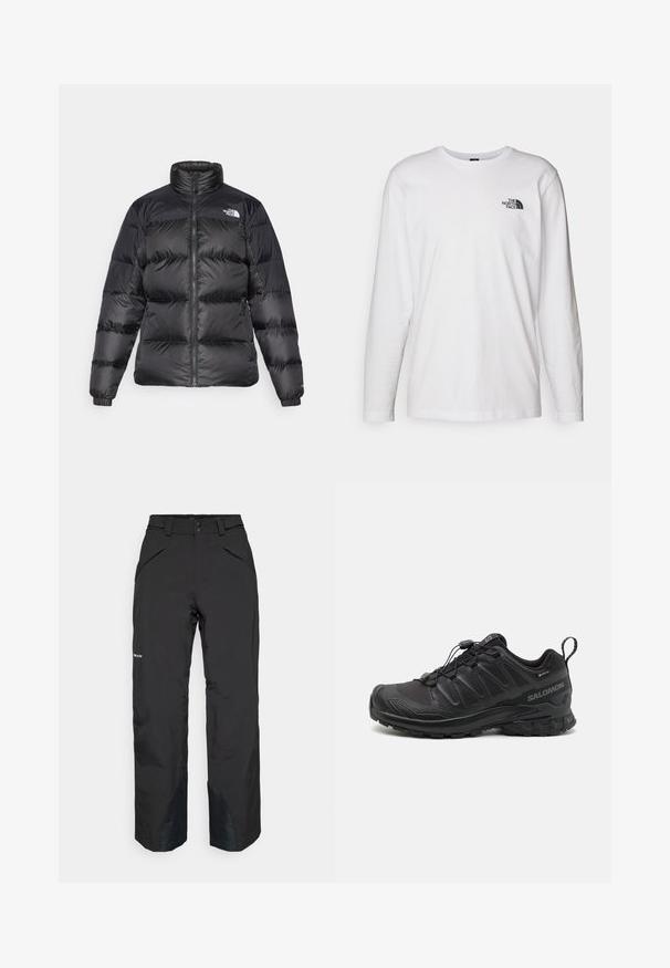 Sort pufferjakke med høj krave, frontlynlås og horisontalt quiltet tekstur. Har elastiske manchetter og brandlogo på venstre skulder.; Hvid langærmet T-shirt lavet af bomuld med rund hals. Har et lille sort logo på brystet. Glat tekstur, almindelig pasform.; Sorte vandtætte bukser med lige snit, der har lynlåslommer, forstærkede nederste kanter og en glat tekstureret overflade.; Sort atletik sko med en struktureret syntetisk overdel, polstret sål og et hurtiglukkesystem. Har forstærket tå og hæl.