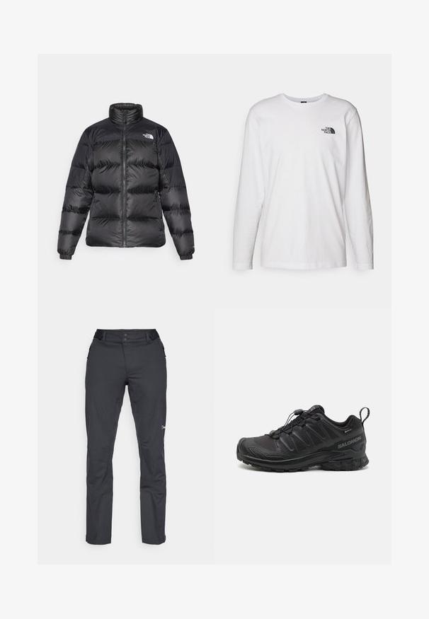 Černá bundy s kapucí, bočním zipem a horizontálním prošíváním. Obsahuje elastické manžety a logo značky na levém rameni.; Bílý dlouhý rukáv tričko vyrobené z bavlny s kulatým výstřihem. Na hrudi se nachází malé černé logo. Hladká textura, běžný střih.; Berghaus RIDGE ROAMER - Outdoorové kalhoty - black; Černá sportovní bota s texturovaným syntetickým svrškem, polstrovanou podrážkou a rychlouzavíracím systémem. Obsahuje zesílenou špičku a patu.